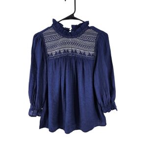 E Hanger M Women's Frill High Neck Embroidered Puff Sleeve Top -S